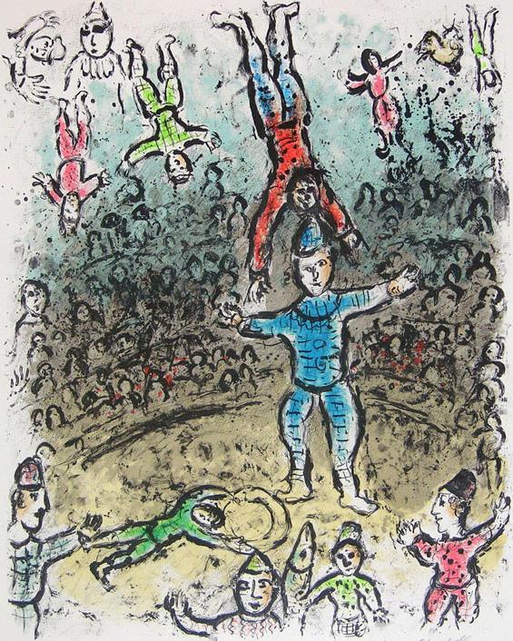Les Acrobates lithographie couleur contemporaine Marc Chagall Peintures à l'huile